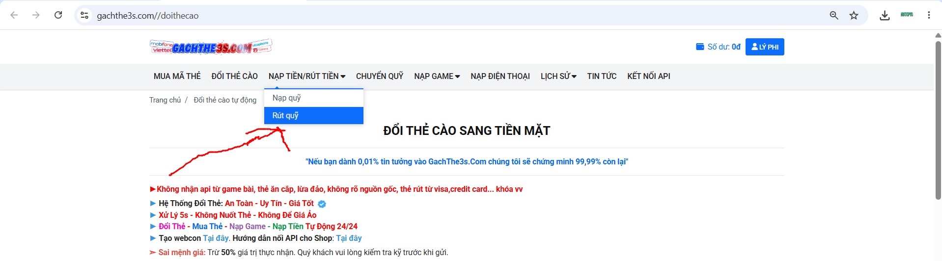 Trang rút tiền trên gachthe3s.com